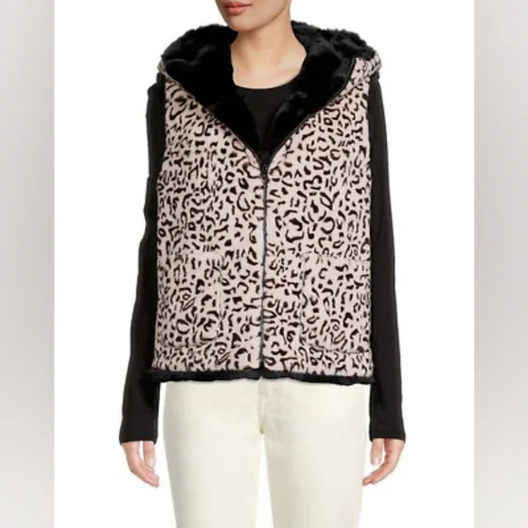ADRIENNE LANDAU Reversible Faux Fur Hooded Vest Black / Animal $295 - Picture 2 of 15